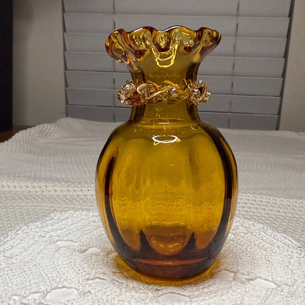 Vintage Pilgrim Hand Blown Amber Bud Vase With Hand Applied Rigaree